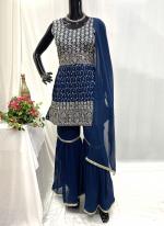 Georgette Aqua Blue Wedding Wear Hand Work Readymade Sharara Suit